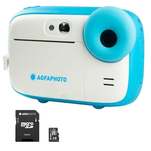 AGFA Photo Pack Realikids Instant CAM + 1 Tarjeta Micro SD de 32 GB – Cámara instantánea Infantil, Pantalla LCD de 2,4 Pulgadas, batería de Litio, Espejo Selfie y Filtro de Fotos, Color Azul