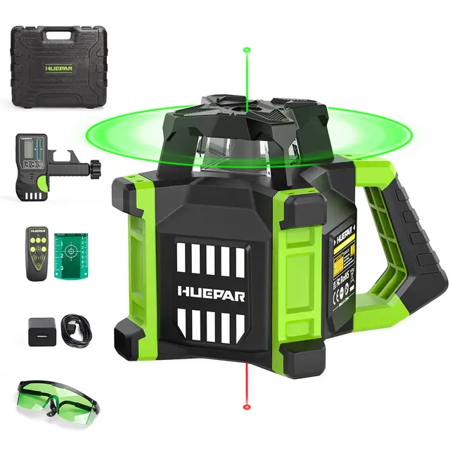 Huepar Nivel láser verde giratorio electrónico + puntos de plomada, kit de láser giratorio horizontal/vertical autonivelante 800M con gafas, receptor, placa objetivo, control remoto, batería de litio