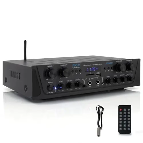 Pyle Amplificador de Audio, Inalambrico, Bluetooth, Estereo, 4 Canales, Entrada de microfono, AUX, Salida del Altavoz del subwoofer RCA, USB, Potencia Maxima de 500W a 4-8 ohmios