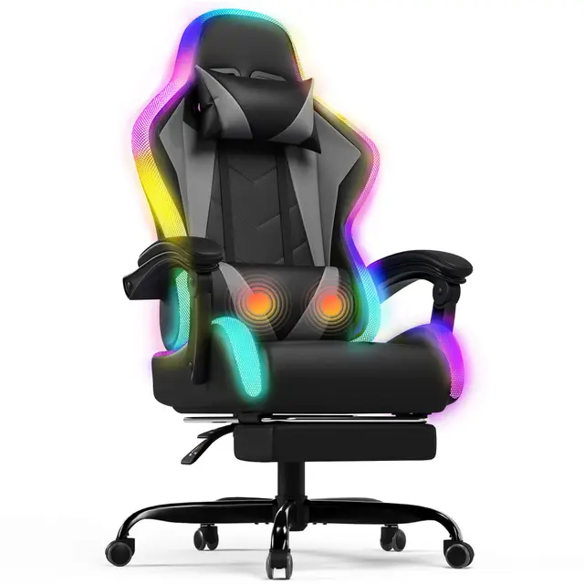 Devoko Silla Gaming con Masajeador y LED, Silla de Oficina Ergonómica con Reposapiés, Sillas Gaming para Oficina y Juegos con Iluminación RGB(Gray)