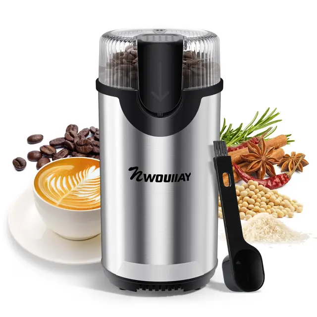Molinillo de Café Eléctrico 300W Molinillo Multifunción Capacidad 80g Cuchillas de Acero Inoxidable con Cepillo de Limpieza Botón de un Toque para Café Especias Fácil de Usar y Limpiar para Uso Diario