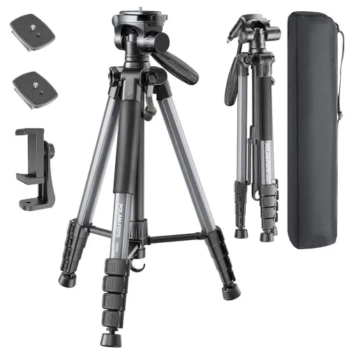 POLAM-FOTO Trípode para cámara de 188 cm, Soporte de trípode Resistente de Aluminio Porfessional, trípode Compacto con Bolsa de Transporte, con Soporte para teléfono (Gris)
