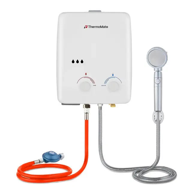ThermoMate AZ132 Calentador de Agua de Gas, sin depósito, 5 litros, asa portátil, instantáneo, 10 kW, 50 mbar, para camping, barco, caravana