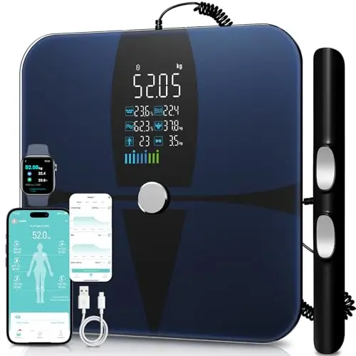 Lepulse Bascula Bioimpedancia 8 Electrodos, Digital Bascula Grasa Corporal y Muscular Recargable con Pantalla Grande, Precision Bascula de Baño Grasa Corporal Balanza Inteligente con 20 Mediciónes