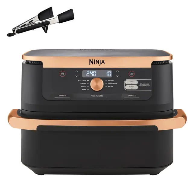 Ninja Foodi FlexDrawer Freidora de Aire Dual Zone, 10.4L, Air Fryer, 7 en 1, Freidora sin Aceite con 2 Cestas y Divisor Extraíble, Asa, Hornea, Frie, Pinzas Incluídas, Negro y Cobre, AF500EUCP