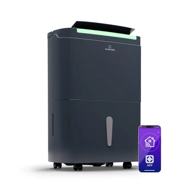 Klarstein DryFy Connect 50L Deshumidificador Inteligente, 50L/24h, WiFi App, Depósito 7L, Temporizador 24h, Desagüe Continuo, Portátil para Hogar, Habitaciones 45-55m², Antracita