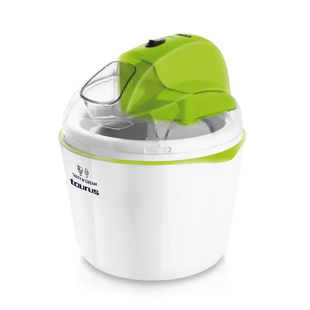 Taurus Tasty & Cream - Heladera eléctrica, 12W, 1,5litros de capacidad, bol extraíble para congelar, giro en ambos sentidos, mariposa mezcladora, recetario de 8 recetas, blanco y verde