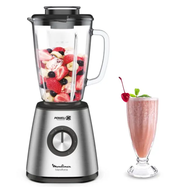 Moulinex Blendforce, Batidora de vaso potente, 5 velocidades, Función Pulse, 6 cuchillas Powelix, Cuerpo de acero inoxidable, Jarra de cristal termorresistente de 1,75 l, Pica hielo, 800 W, LM439D
