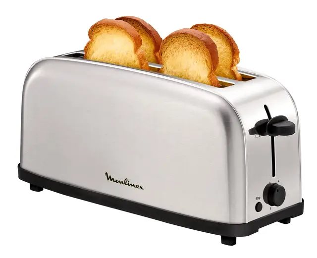 Moulinex Classic, Tostador Acero Inoxidable, 2 Ranuras largas y anchas, 1400 W, 6 Posiciones Tostado, Función Stop, Bandeja Recogemigas, para Todo Tipo de Pan normal, molde, artesano, LS330D