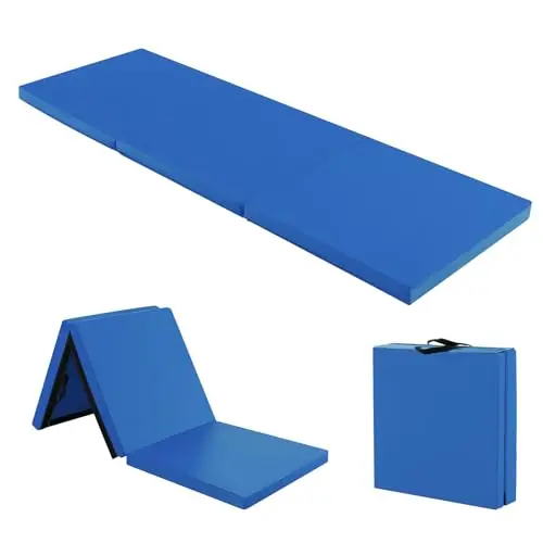 COSTWAY 180 x 60 x 5 cm Colchoneta de Gimnasia Plegable, Esterilla de Gimnasia con Superficie Impermeable y Algodon Perlado, Estera Suave de Yoga con 2 Asas para Niños Adultos (Oscuro Azul)