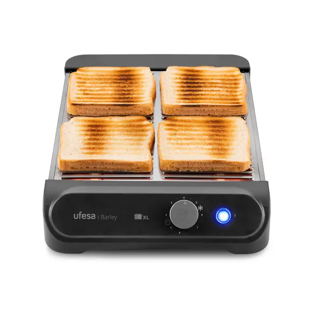 Ufesa Tostador Plano Barley, 900W con 3 Resistencias de Cuarzo, Tostador Horizontal de Acero Inoxidable, Tamaño XL para 4 Rebanadas, 7 Niveles, Recalentar y Descongelar, Bandeja Recogemigas, Bollería