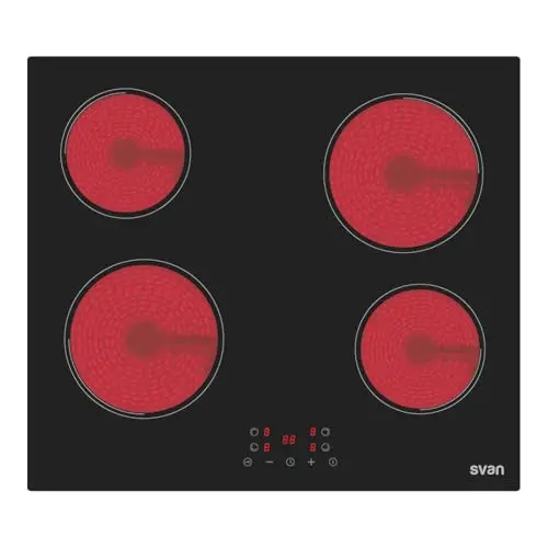 Svan Placa Vitrocerámica Cristal negro, SV4602. 4 Zonas de Cocción, 6000 W, 9 Niveles de Cocción, Control Táctil, Autodesconexión, Bloqueo de Panel, Temporizador