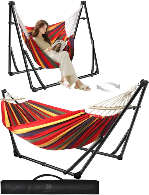 Anyoo Hamaca y Silla de Algodón Con Soporte Plegable, Set Portátil de Doble Uso Para Interior y Exterior, Jardín, Terraza, Patio, Camping, Cubierta