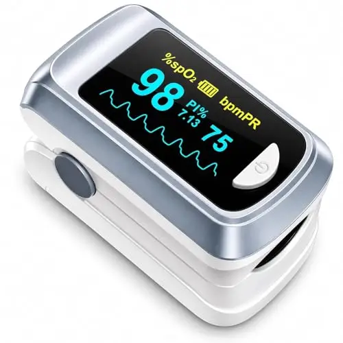 Healthtree JKS50B Pulsioxímetro de Dedo, Oxímetro de Pulso con PI, SpO2 y Frecuencia Cardíaca, Lectura Rápida 5-8s, Pantalla OLED Grande, para Hogar, Deportes, Viaje, Incluye Pilas AAA y Cordón