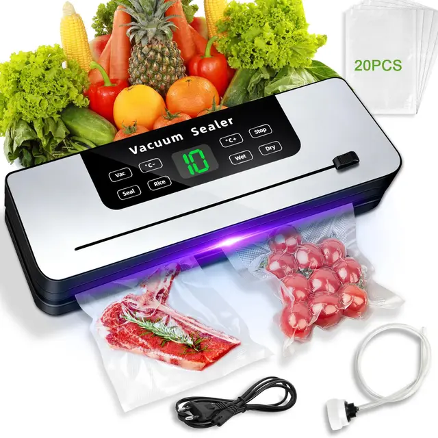 7 in 1 Maquina vacio alimentos, Automático seco que mojado envasadora al vacio, Embasadoras vacio alimentos domestica con Cuchillo de corte, Vacuum Sealer con Tubo de Vacío con 20 bolsas envasar