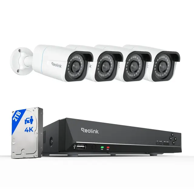 Reolink 4K Kit Camaras de Seguridad, 4X Cámaras IP PoE de Vigilancia Exterior, NVR 8CH con 2TB HDD para Grabación 24/7, Detección de Persona/Vehículo, IP67 Impermeable, Visión Nocturna, RLK8-800B4