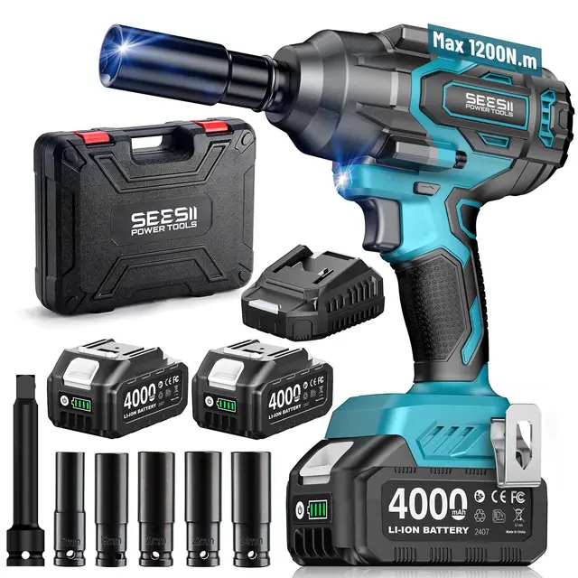 Seesii 1200 N·m llave de impacto a batería, 1/2 Pistola de Impacto sin escobillas con dos baterías de 4000 mAh, cargador rápido, 5 llaves de vaso, llave de impacto para neumáticos de coche