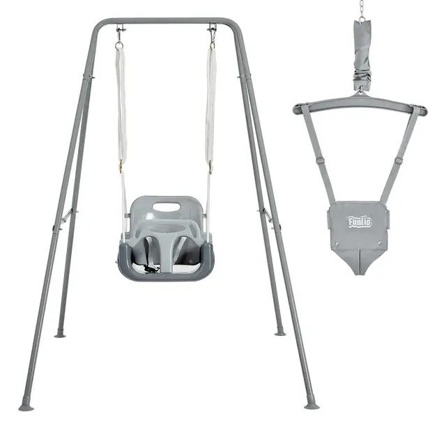 FUNLIO Juego de Columpios 2 en 1 con Saltador de Puerta para Bebés, Columpio y Rebotador para Niños de con 4 Bolsas de Arena, Soporte de Metal Plegable en Interiores/Exteriores, Fácil de Armar - Gris