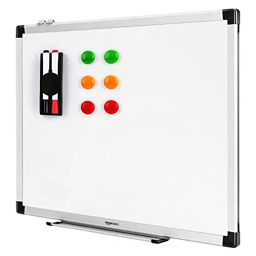 Amazon Basics Pizarra Blanca Magnética con Marco de Aluminio, Bandeja para Rotuladores, 6 Imanes, 1 Borrador y 2 Rotuladores para Uso en Oficina y Hogar, Montaje en Pared, Borrado en Seco, 60 x 45cm
