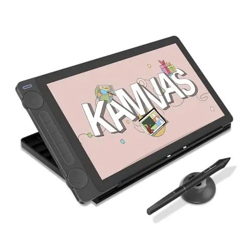 HUION Kamvas 13 Gen3 2024 Tableta Gráfica con Pantalla, Tableta de Dibujo Canvas Glass de 13,3", 99% sRGB, Nuevo Pentech 4.0, 16384 Presión del Lápiz, Diales Duales, Soporte Ajustable, Negro