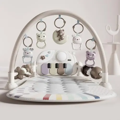 Gimnasio De Juegos Para Bebe con Piano, Alfombra de Gateo con Luces y Sonidos, Manta de Juego con Arco de Juego y 5 Juguetes Extraíbles para Bebés, Alfombrilla de Fitness Kick Piano para 0-36 Meses