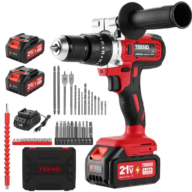TEENO Taladro Atornillador Inalámbrico para Batería Makita de 21V 2 * 4,0 Ah Baterías, 90 Nm,20+3 Configuraciones de Par, 2 Velocidades, LED, 39 Accesorios y Maletín