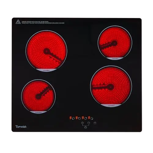 Topwish placa vitroceramica 4 fuegos, vitrocerámica 60cm, vitrocerámica encastrable, con 9 niveles, cierre de seguridad, indicador de superficie caliente, 6000W