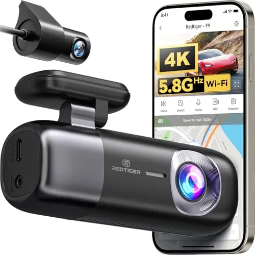 REDTIGER DashcamCoche Delantera y Trasera: 4K +1080P,WiFi 5.8GHz,GPS,Visión Nocturna,Monitor de Aparcamiento,Grabación en Bucle,Control por App,Admite hasta 256 GB(F9)