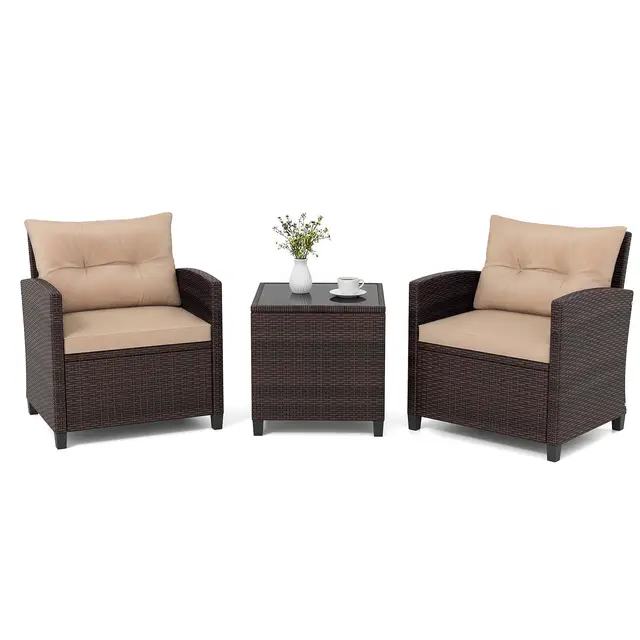 GIANTEX Conjunto de Muebles Jardín 3 Piezas, Mesa y Sillas de Exterior de Ratán PE con Cojines, Mesa con Tablero de Vidrio, para 2 Personas, para Terraza, Patio, Balcón (Marrón+Marrón)