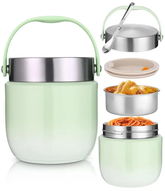 Recipiente térmico para alimentos, 1200 ml, cuenco térmico con tapa, recipiente para calentar de acero inoxidable con cuchara plegable, fiambrera térmica para niños y adultos para guardar sopas