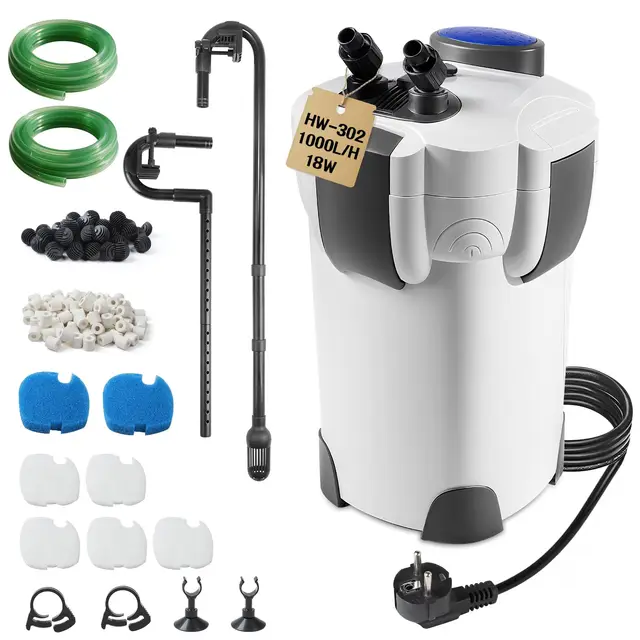 EXLECO Filtro Externo Acuario 1000L/H 18W Filtro Pecera Flujo Ajustable con Material Filtrante y Manguera Acuario Tubo, Bomba de Filtro Aquário Potente Profesional para Pecera de Menos de 300L HW-302