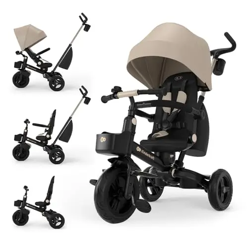 Kinderkraft Aveo 2 Pro Bebé, Plegable, Trike, Bicicleta para Niños, Triciclo Evolutivo, Bicicleta Bebe, con Accesorios Práctico, Dos Cestas, 9 Meses a 25 kg, Beige