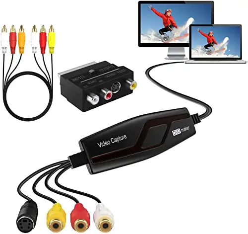 DIGITNOW!Convertidor de Captura de Vídeo USB,Hi8 VHS a DVD Digital Grabber Grabador ,Capturadora de Audio Vídeo para Mac Windows,Digitalizadora y Edite con Adaptador Scart/AV