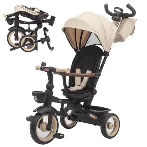Twinly Triciclo Evolutivo Bebé Plegable 1-5 Años con Asiento Reclinable y Reversible – Acompaña el crecimiento del bebé, Freno y cinturón seguro de 5 puntos y barra de protección SAMI