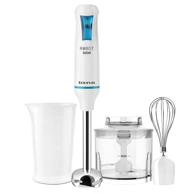 Taurus – Batidora de Mano Robot 500 Plus Inox, 500W, Turbo Rotation System, Cuchillas Acero Inox, Ergonómico, Antisalpicaduras, Vaso Medidor 500ml, Vaso Picador 1L, Emulsionador