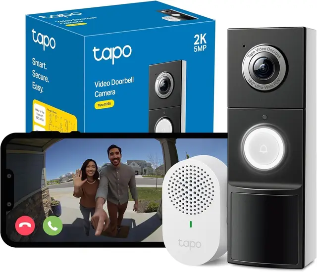 Tapo D235 - Timbre Inteligente con Cámara 2K 5MP, Visión Nocturna a Color, Audio Bidireccional, Detección Inteligente, Alimentación por Batería o Cable, Resistencia IP66