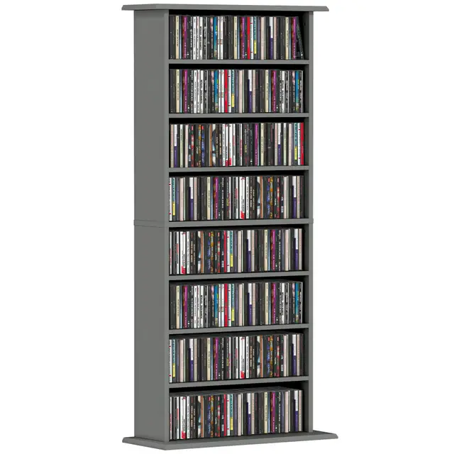 Almacenamiento de CD y DVD HOMCOM, unidad de almacenamiento multimedia, capacidad máx. 360 CD/185 DVD y Blu-ray, 8 compartimentos y 6 estantes ajustables, para salón, dormitorio, 58 x 24 x 126,3 cm,