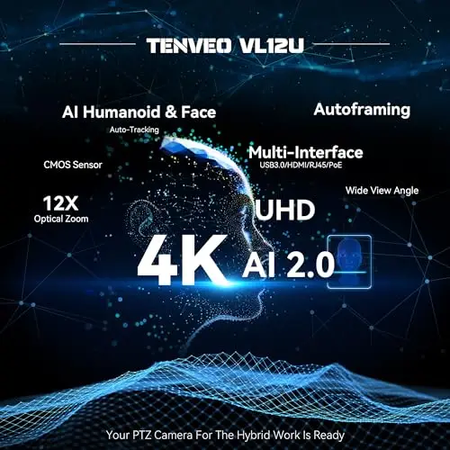 Tenveo 4K PTZ Cámara para Streaming HDMI/USB3.0/PoE/RJ45 Cámara de Conferencia Zoom Óptico 12x Gran Ángulo de Visión para Youtube/OBS Transmisión en Vivo y Skype/Zoom