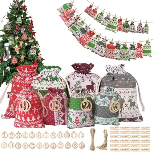 JIDAYOEU Calendario Adviento para Rellenar Vacio Tela 2026, 24 DIY Adviento Bolsa de Regalo, Calendarios de Adviento Navidad Decoración para Niños, Hombre, Mujer