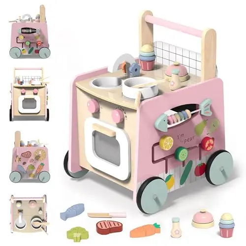 VITONIS Andador Madera Bebé, Andadores para Bebes con Juguetes Montessori, Caminador Bebé, 8 Actividades Interactivas, Juguetes para Bebés de 1 Año, Baby Walker Regalos para Niños y Niñas