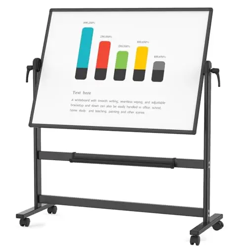 VIZ-PRO Pizarra blanca móvil magnética de doble cara 120x90 cm, con ruedas y marco de aluminio negro, para oficina y aula