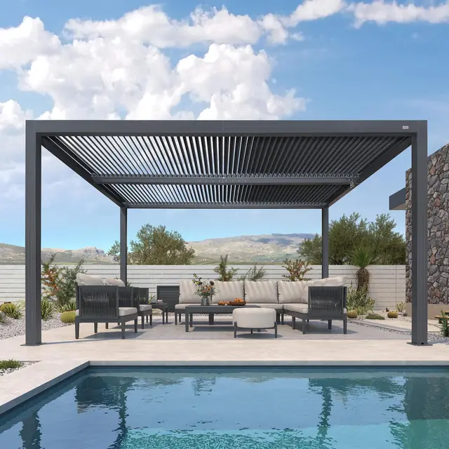 PURPLE LEAF Pergola Bioclimática 4,6 x 3,3 m Pérgola Aluminio Cuchillas Orientables Superficie 15,18 m² Cenador de Jardín Pérgola Jardín Exterior Terraza Exterior, Gris