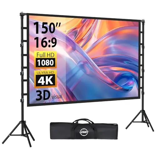 Pantalla Proyector Portátil 150 Pulgadas con tripode, Pantalla de Proyección Soporte 16:9 4K Full HD Pantalla de Cine Interior Altura Ajustable para Cine casa Camping Eventos Recreativos