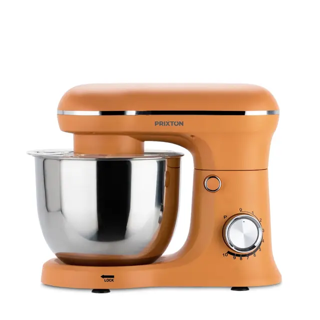 PRIXTON Batidora Amasadora KR250 para Repostería, Potencia 1500W, 10 Velocidades, Bol Acero Inoxidable de 5 litros, 3 accesorios, Tapa Transparente, Color Naranja Mate