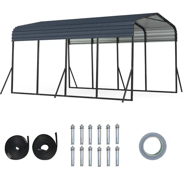 GOPLUS Cobertizo de Coche de Metal, 440 x 300 x 250 cm, Refugio de Vehículo con Techo Duro, 4 Patas Inclinadas y Anclajes de Fijación para Exteriores, Carpa Al Aire lIbre para Camiones, Tractores, Suv