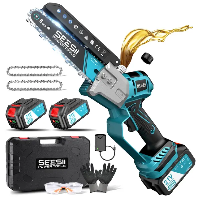 SEESII Mini Motosierra Batería 6 Pulgadas, Sin Escobillas Sierra Electrica Podar Arboles con 2×4000 mAh Baterías, Motosierra Eléctrica con Lubricador Automático, Compatible con Batería Makita 18V