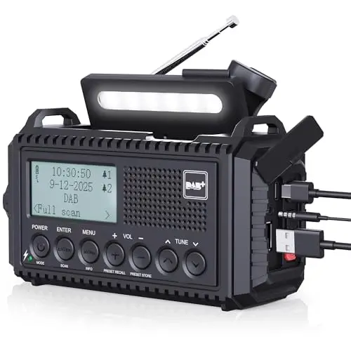 Radio Solar Portátil Dab+/Dab/FM con Manivela,Radio con Linterna LED Multifunción con Reloj Despertador Digital,Batería de 5000 mAh y Alarma SOS,Camping,Senderismo,Exterior