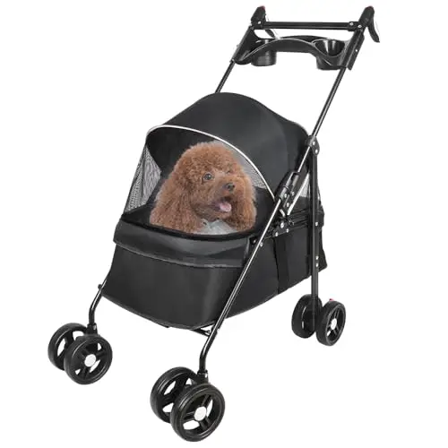 OHMG - Cochecito plegable para perros pequeños y mayores, hasta 20 kg, ruedas con frenos de 360°, cesta xxl,3 ventanas,portavasos,carrito para perro