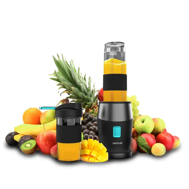 Cecotec Batidora de Vaso Individual Power Titanium 900 ProGo Hand Juice. 900W, 4 Cuchillas Titanio, Pica Hielo, Botella Sport 570ml, Agarre Ergonomico, Tapón Plegable, Asa de Silicona