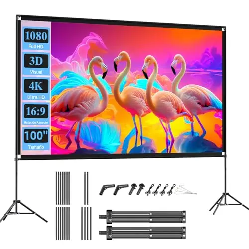 VISULAPEX Pantalla Proyector 100 Pulgadas, 16:9, 4K HD Pantalla para Proyector Portátil con Tripode, Pantalla Plegable para Proyector para Interior y Exterior, Cine en Casa, Jardín